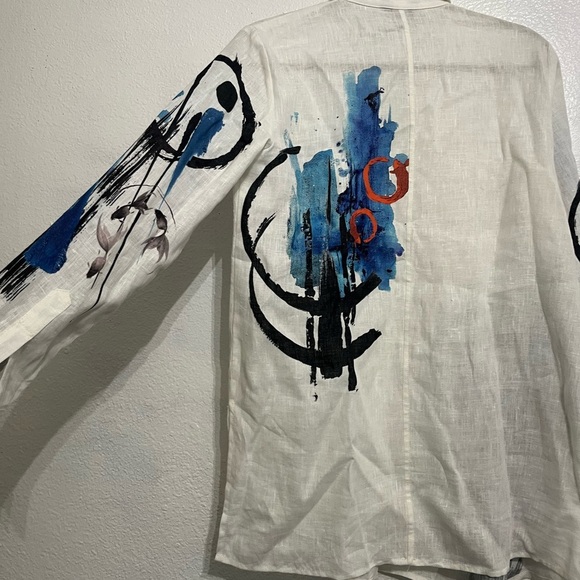 Citron Santa Monica Top Small Womens White Linen Art Asymmetrical Button Tunic - Picture 9 of 14